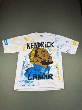 Kendrick Lamar White Graphic Tee with Blue & Yellow Artwork